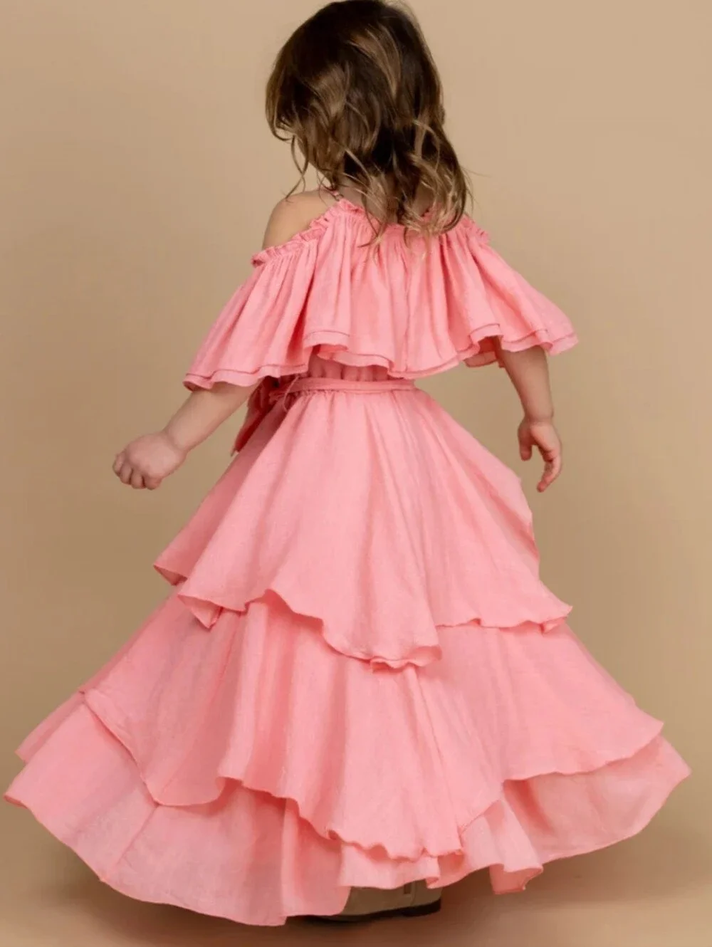 Joyfolie Litta Toddler Girls Pink Ruffle Tiered Off-Shoulder Dress 2T
